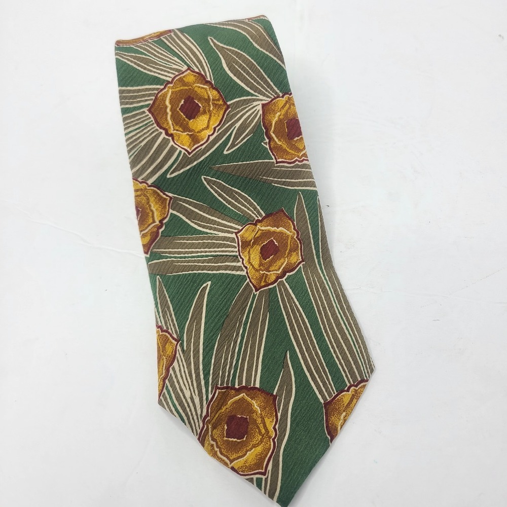 BOSS Hugo Boss 100% Silk Tie Green Gold Floral Botanical Necktie Made in Italy